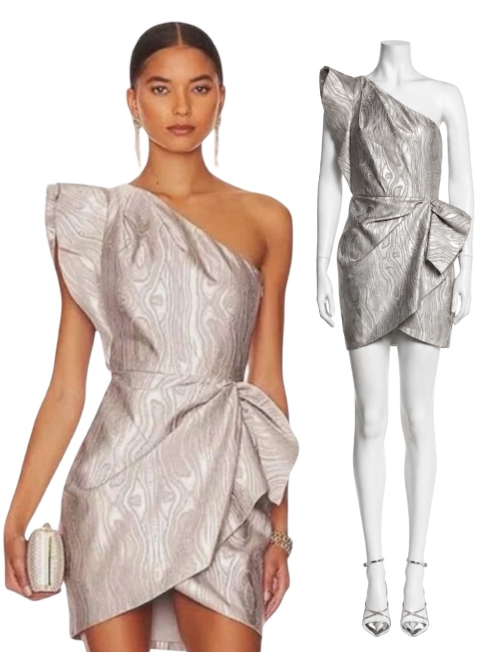 $275 SAYLOR Ann Silver Metallic Jacquard One Shoulder Bow Mini Dress S